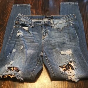 Judy Blue Light Blue Distressed Skinny Jeans with Printed Underlay